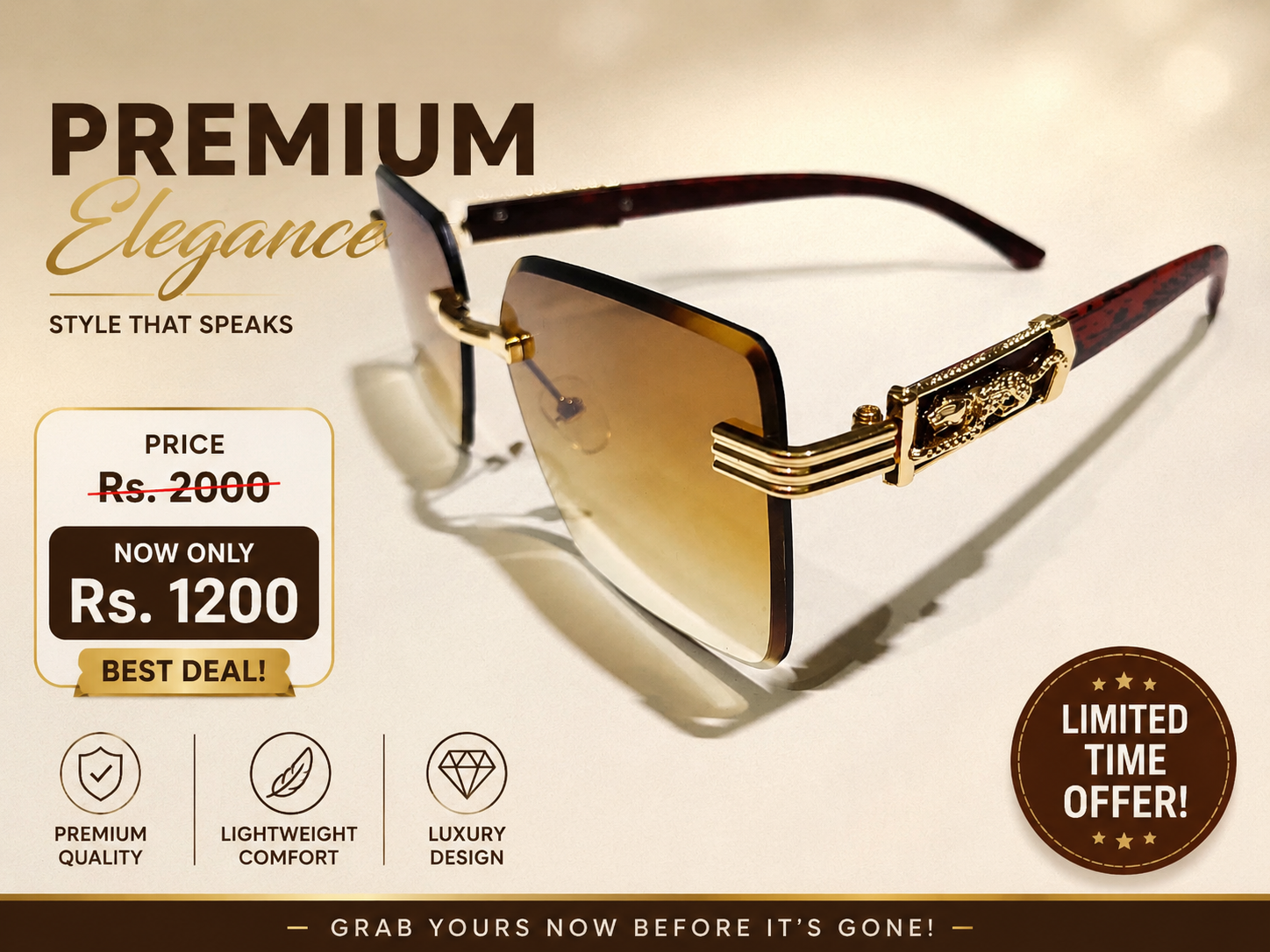 ELEGANT RIMLESS METAL SIDE SUNGLASSES